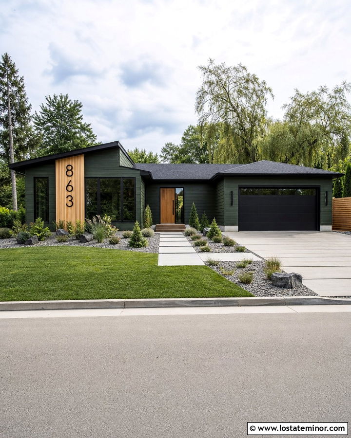 Forest Green House With Oversized Black Numbers - 30 Forest Green House Design With House Numbers Ideas