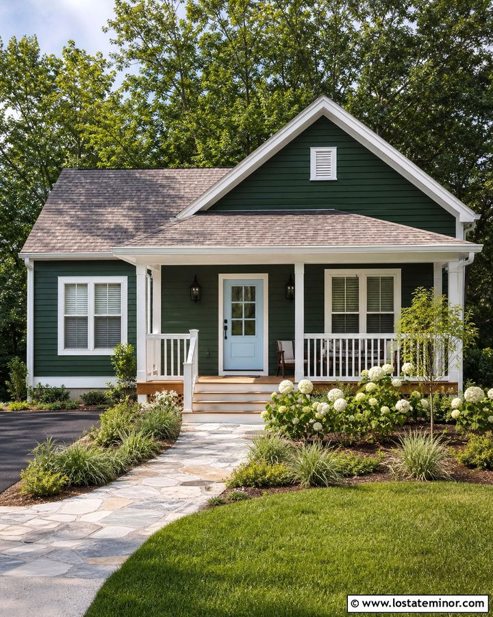 Forest Green House With Pale Blue Front Door - 30 Forest Green House Design With Front Door Ideas
