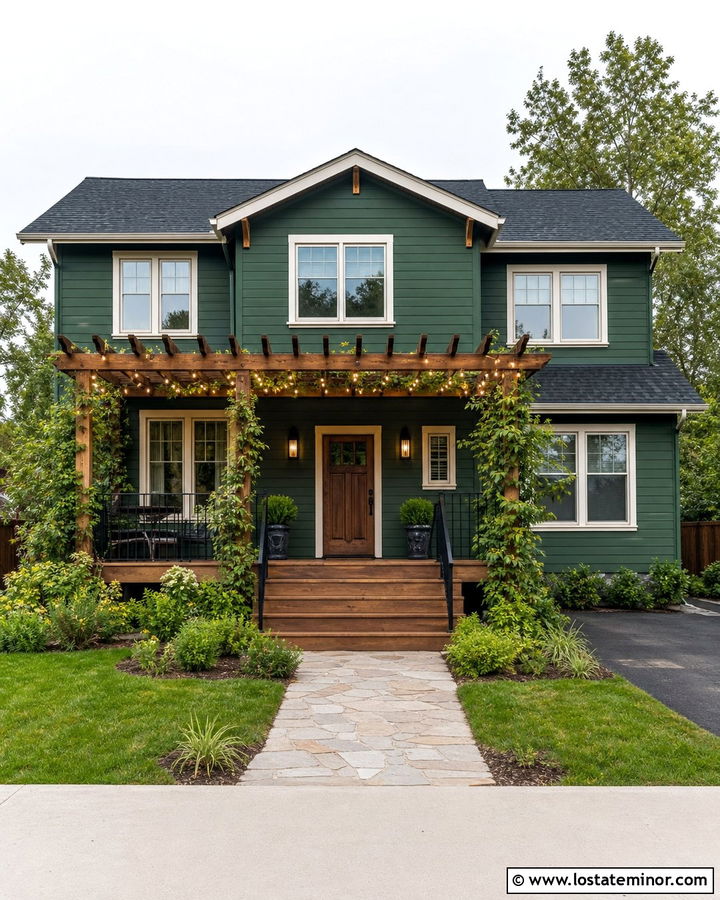 Forest Green House With Pergola String Lighting - 30 Forest Green House Design With Lighting Ideas