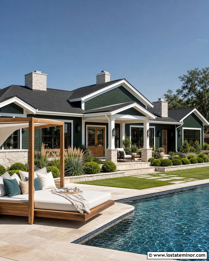 Forest Green House With Poolside Daybed - 30 Forest Green House Design With Daybed Ideas