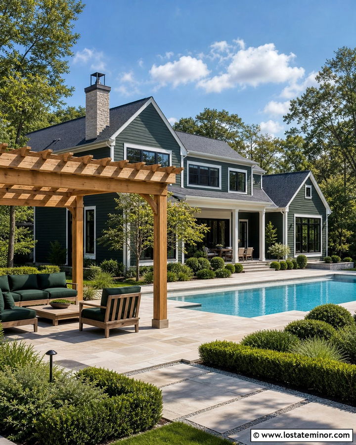 Forest Green House With Poolside Pergola - 30 Forest Green House Design With Pergola Ideas