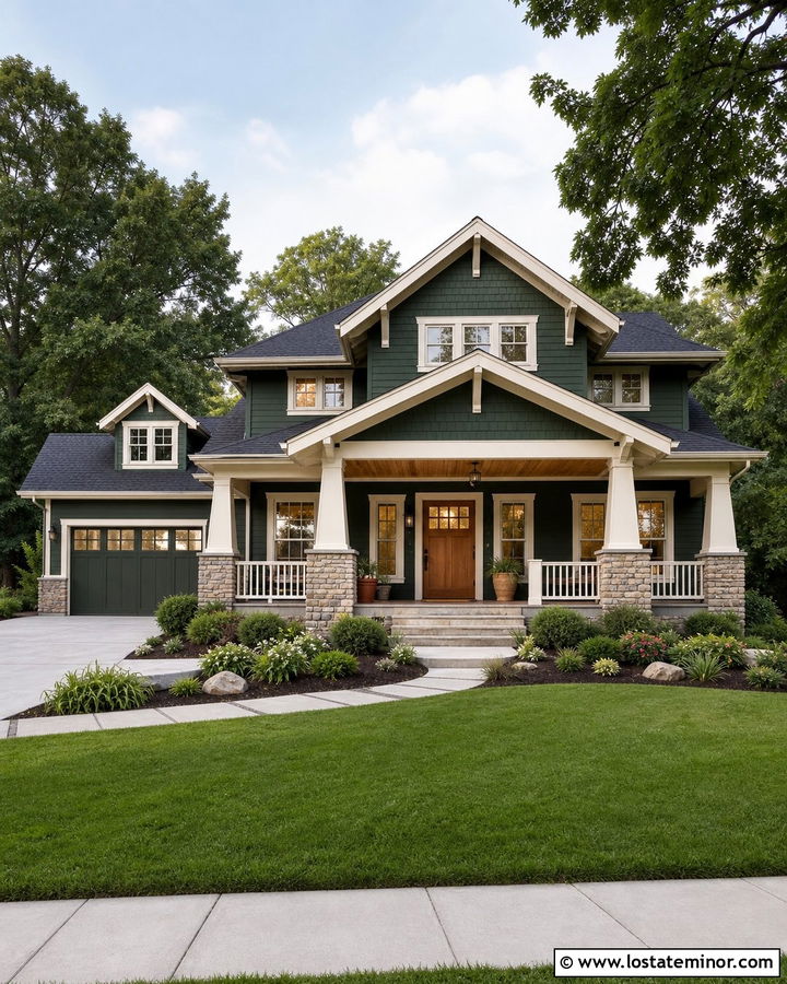 Forest Green House With Porch Roof Shingles - 30 Forest Green House Design With Shingles Ideas