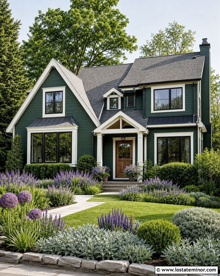 Forest Green House With Purple Flower Landscaping - 30 Forest Green House Design With Landscaping Ideas