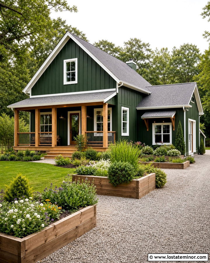 Forest Green House With Raised Garden Beds - 30 Forest Green House Design With Landscaping Ideas