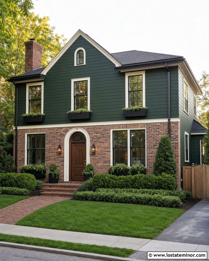 Forest Green House With Red Brick And Black Window Boxes - 30 Forest Green House Design With Window Boxes Ideas