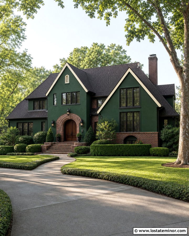 Forest Green House With Red Brick And Bronze Lighting - 30 Forest Green House Design With Lighting Ideas