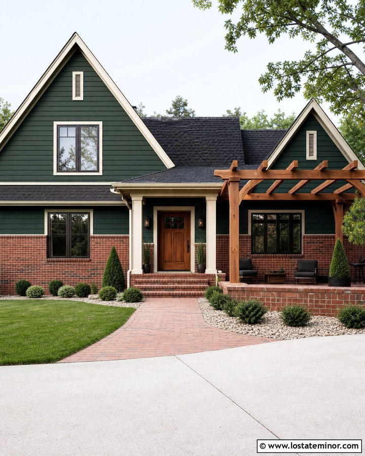Forest Green House With Red Brick And Cedar Pergola - 30 Forest Green House Design With Pergola Ideas