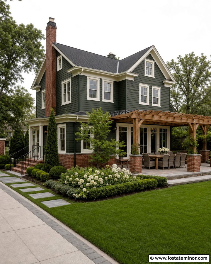 Forest Green House With Red Brick And Pergola - 30 Forest Green House Design With Backyard Ideas