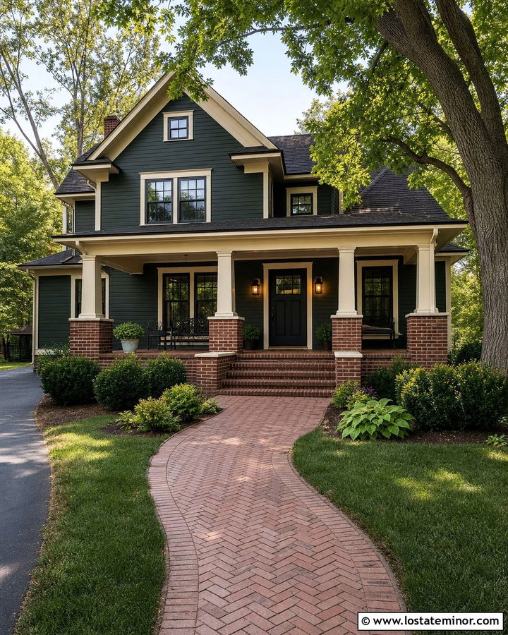 Forest Green House With Red Brick Front Porch - 30 Forest Green House Design With Front Porch Ideas