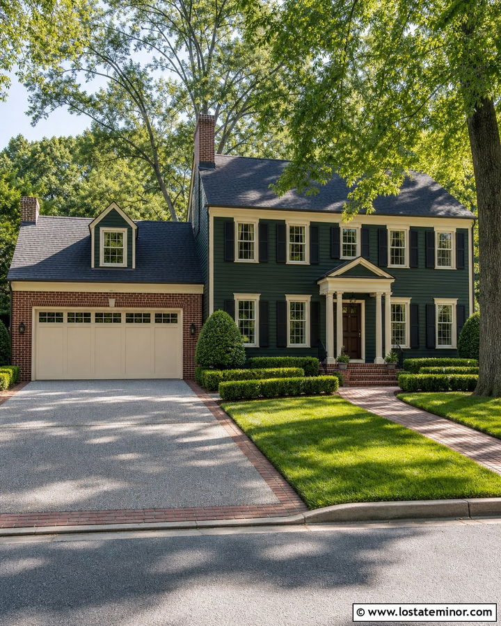 Forest Green House With Red Brick Garage Surround - 30 Forest Green House Design With Garage Door Ideas