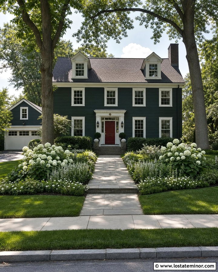 Forest Green House With Red Door And White Flowers - 30 Forest Green House Design With Front Yard Ideas