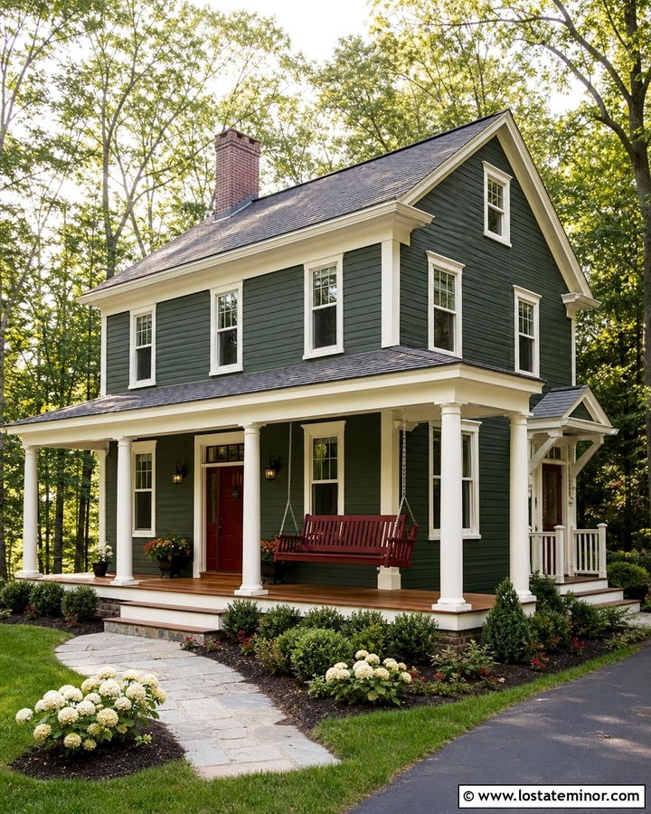 Forest Green House With Red Porch Swing - 30 Forest Green House Design With Swing Ideas