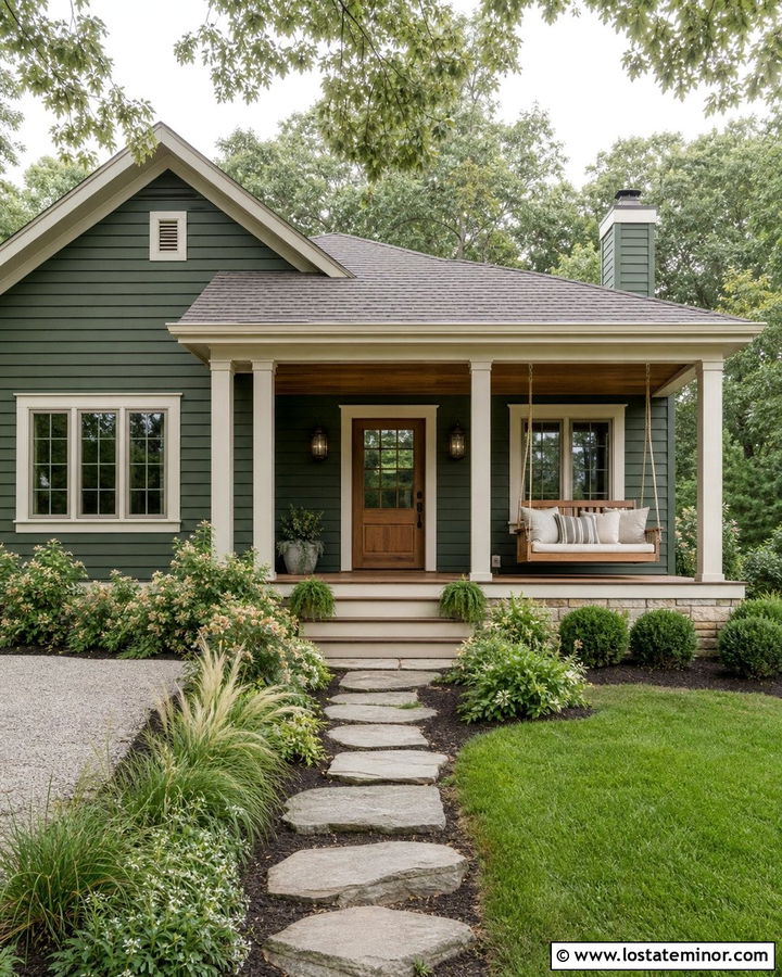 Forest Green House With Rope Porch Swing - 30 Forest Green House Design With Swing Ideas