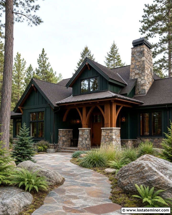 Forest Green House With Rustic Fieldstone Walkway - 30 Forest Green House Design With Walkway Ideas
