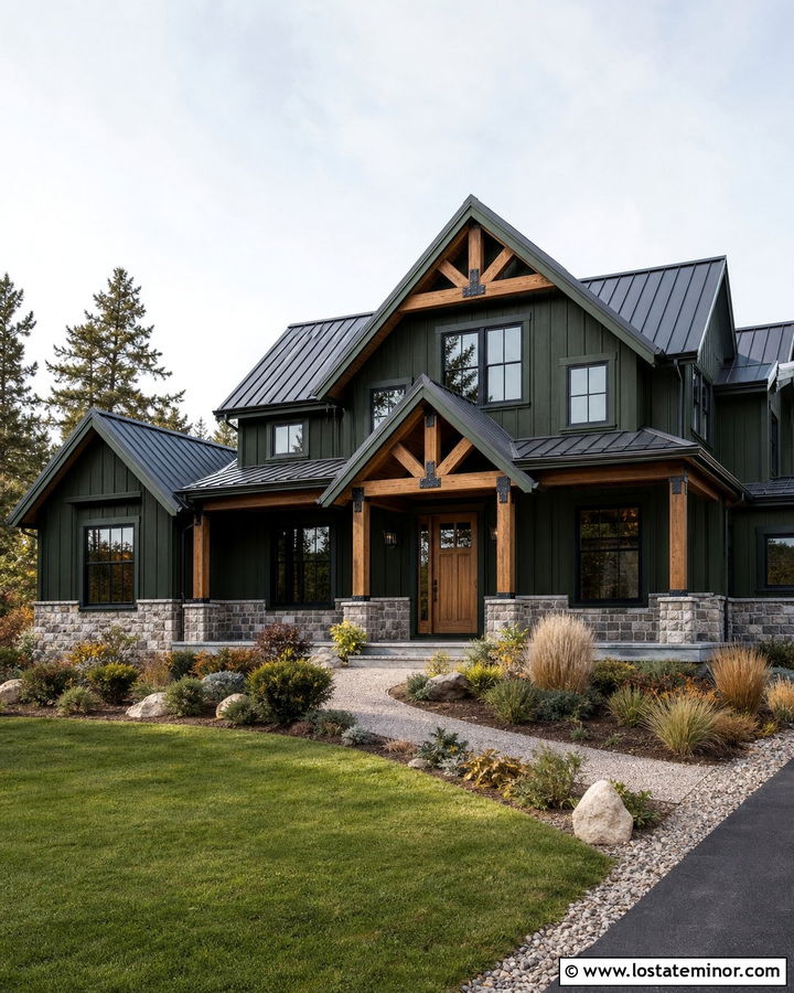 Forest Green House With Rustic Timber Columns - 30 Forest Green House Design With Porch Columns Ideas