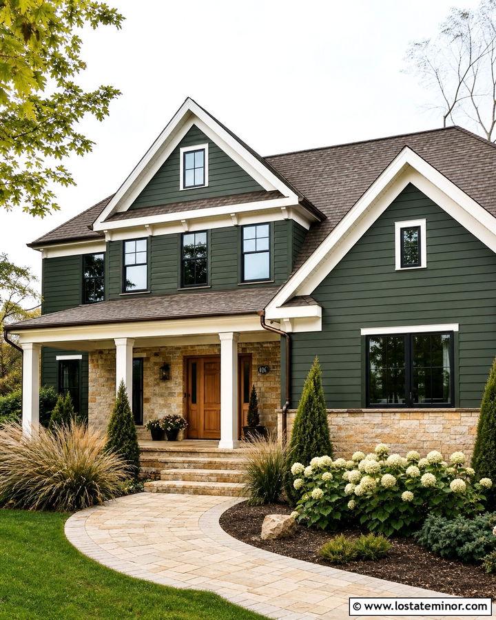 Forest Green House With Sandstone Steps And Oak Door - 30 Forest Green House Design With Steps Ideas