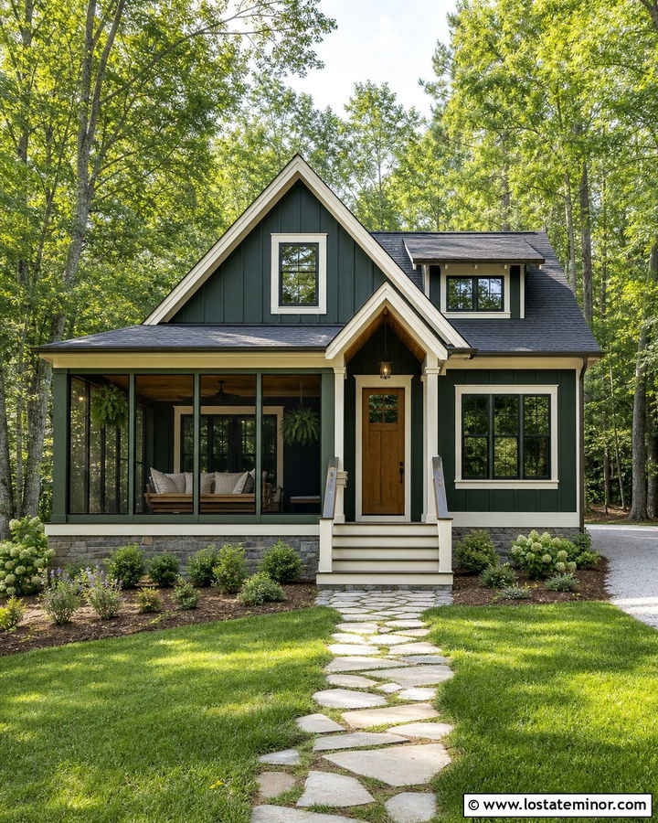 Forest Green House With Screened Porch Swing - 30 Forest Green House Design With Swing Ideas