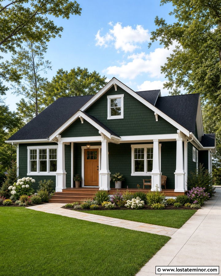 Forest Green House With Shake Shingles And White Trim - 30 Forest Green House Design With Shingles Ideas