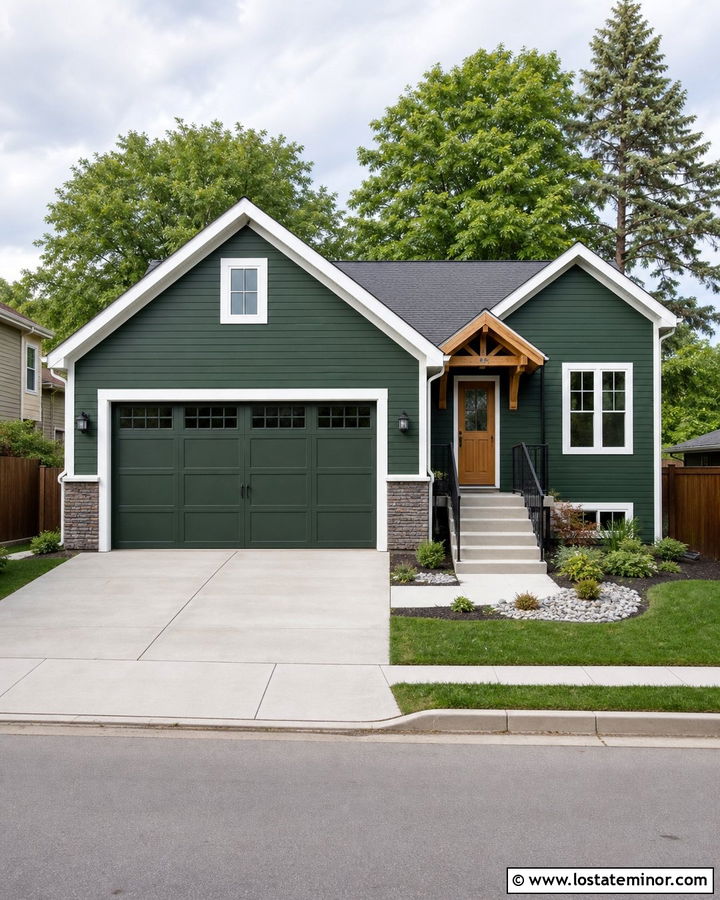 Forest Green House With Side Entry Steps And Garage - 30 Forest Green House Design With Steps Ideas