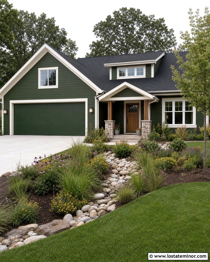 Forest Green House With Side Garage And Rain Garden - 30 Forest Green House Design With Front Yard Ideas