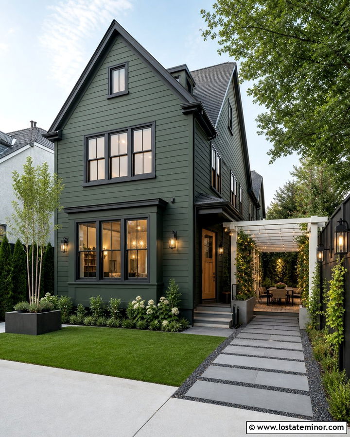 Forest Green House With Side Yard Pergola - 30 Forest Green House Design With Pergola Ideas