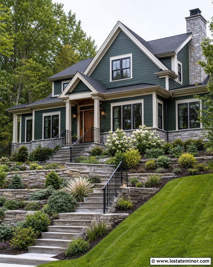 Forest Green House With Sloped Yard Landscaping - 30 Forest Green House Design With Landscaping Ideas