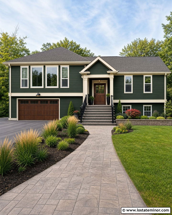Forest Green House With Stamped Concrete Walkway - 30 Forest Green House Design With Walkway Ideas