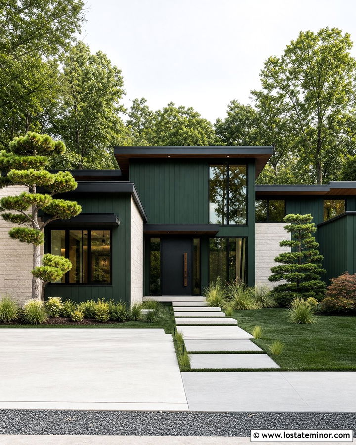 Forest Green House With Steel Pivot Front Door - 30 Forest Green House Design With Front Door Ideas
