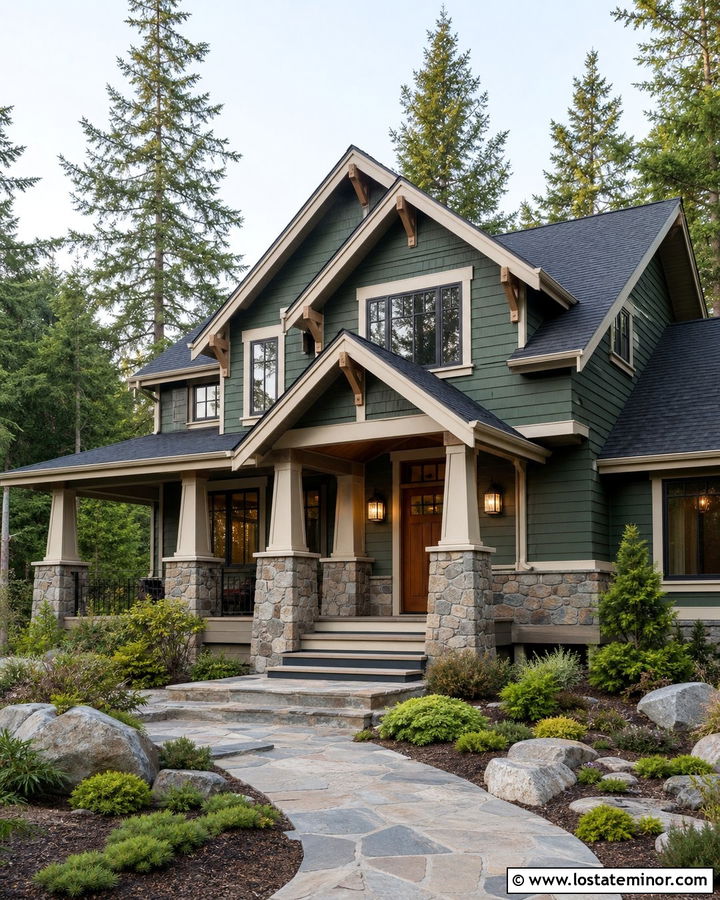 Forest Green House With Stone Accents - 30 Forest Green House Design With Accents Ideas