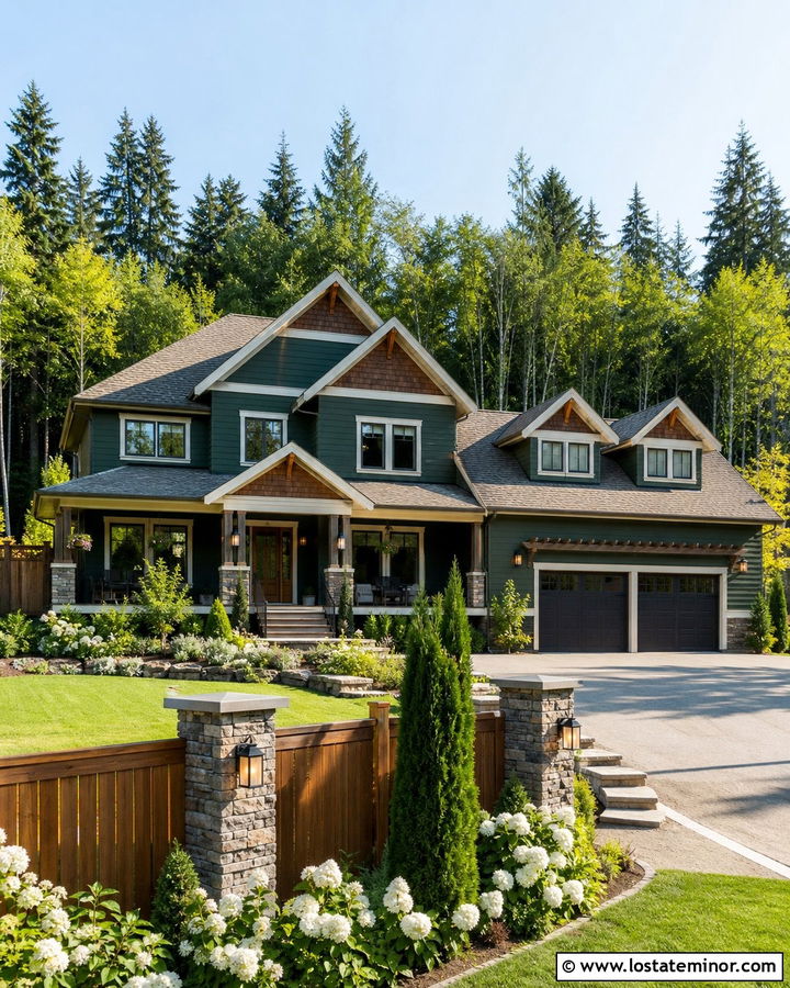 Forest Green House With Stone And Cedar Fence - 30 Forest Green House Design With Fence Ideas