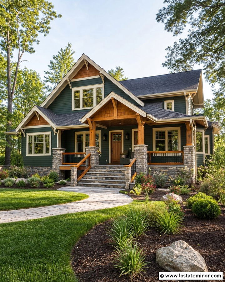 Forest Green House With Stone And Cedar Railings - 30 Forest Green House Design With Railings Ideas