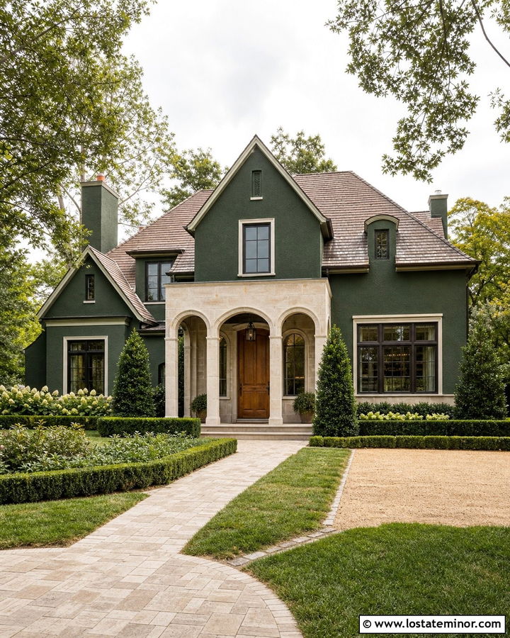 Forest Green House With Stone Arches - 30 Forest Green House Design With Stone Accents Ideas