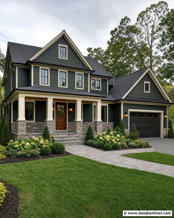 Forest Green House With Stone Base Columns - 30 Forest Green House Design With Porch Columns Ideas