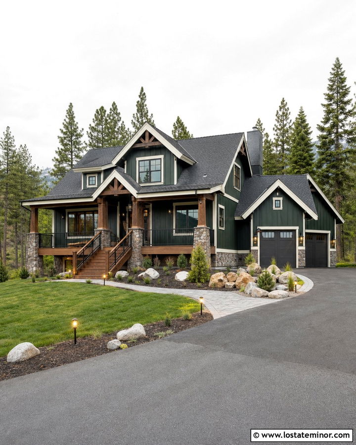 Forest Green House With Stone Deck Columns - 30 Forest Green House Design With Deck Ideas