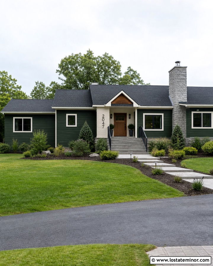 Forest Green House With Stone Entry Numbers - 30 Forest Green House Design With House Numbers Ideas