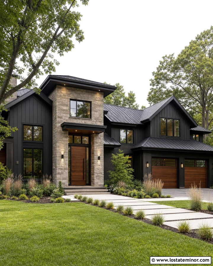 Forest Green House With Stone Entry Tower - 30 Forest Green House Design With Stone Accents Ideas