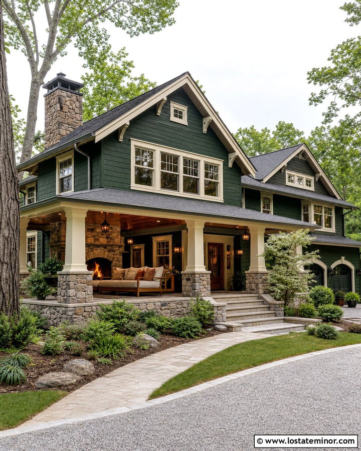 Forest Green House With Stone Fireplace Daybed - 30 Forest Green House Design With Daybed Ideas