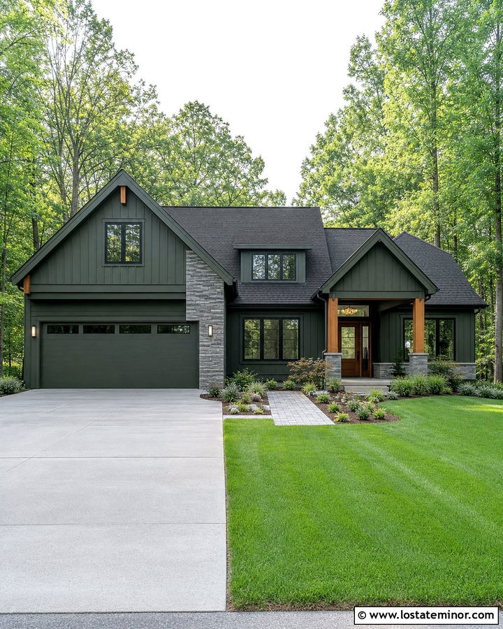 Forest Green House With Stone Garage Facade - 30 Forest Green House Design With Stone Accents Ideas
