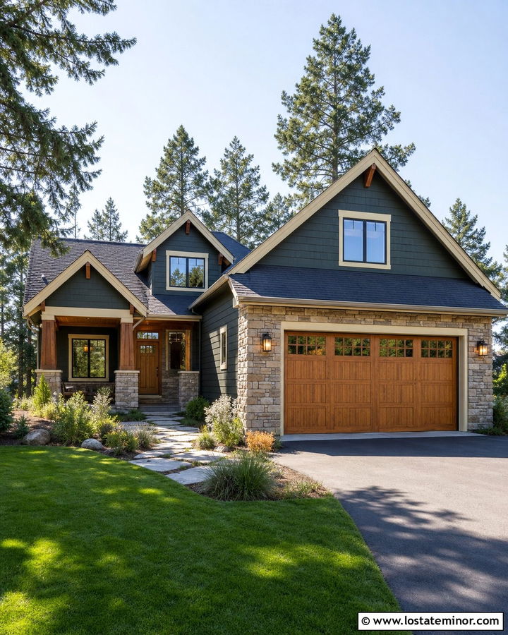 Forest Green House With Stone Garage Surround - 30 Forest Green House Design With Garage Door Ideas