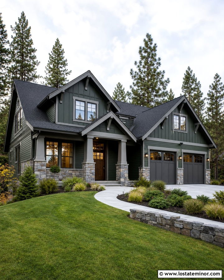 Forest Green House With Stone Gray Trim - 30 Forest Green House Design With Trim Ideas
