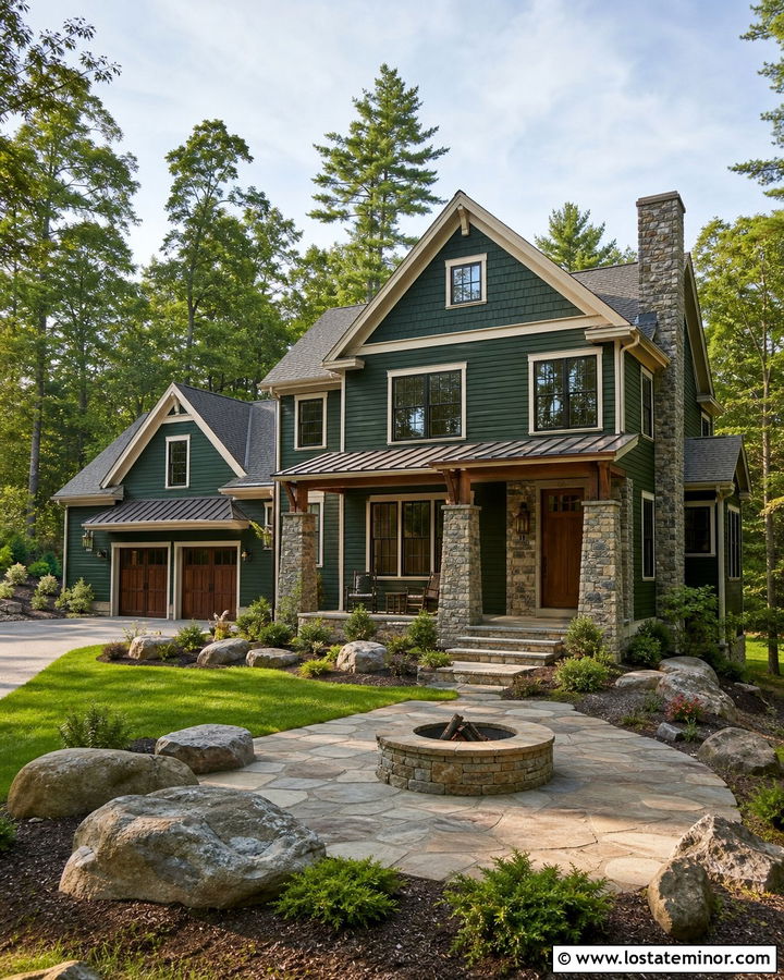 Forest Green House With Stone Patio And Fire Pit - 30 Forest Green House Design With Backyard Ideas