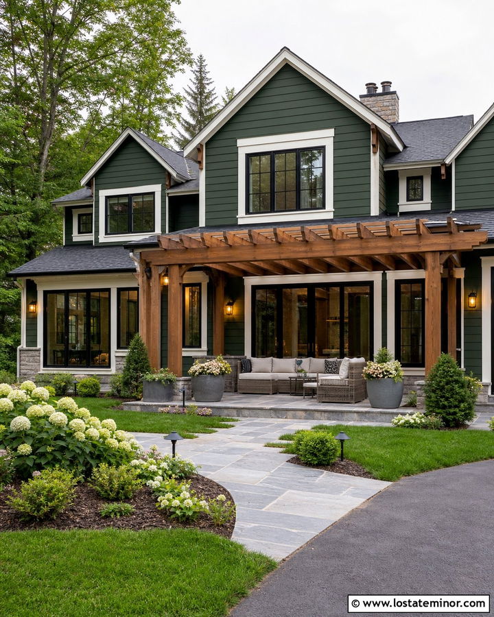 Forest Green House With Stone Patio Pergola - 30 Forest Green House Design With Pergola Ideas