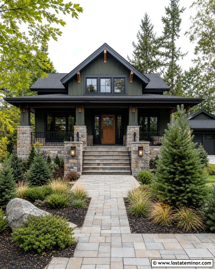 Forest Green House With Stone Piers And Black Railings - 30 Forest Green House Design With Railings Ideas