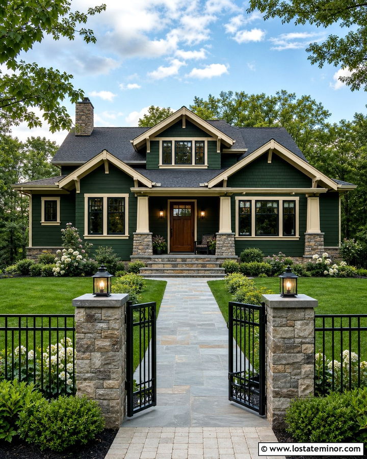 Forest Green House With Stone Pillar Fence - 30 Forest Green House Design With Fence Ideas
