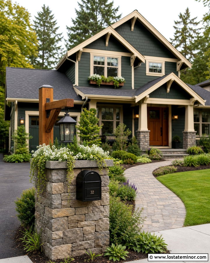 Forest Green House With Stone Planter Mailbox - 30 Forest Green House Design With Mailbox Ideas