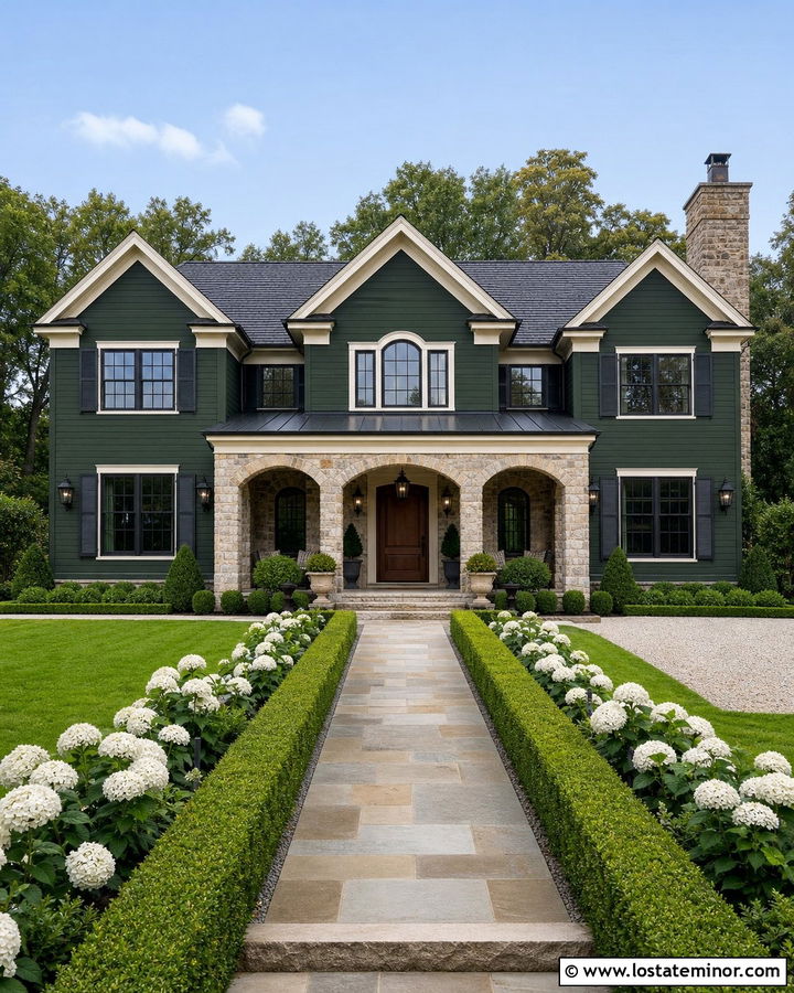 Forest Green House With Stone Porch And Low Hedges - 30 Forest Green House Design With Front Yard Ideas