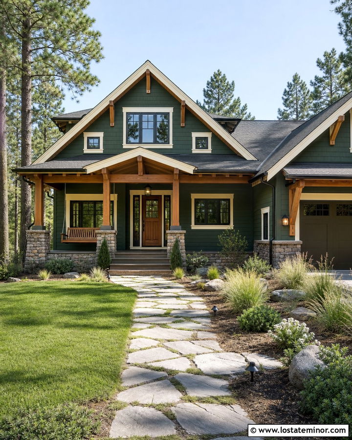 Forest Green House With Stone Porch And Swing - 30 Forest Green House Design With Swing Ideas