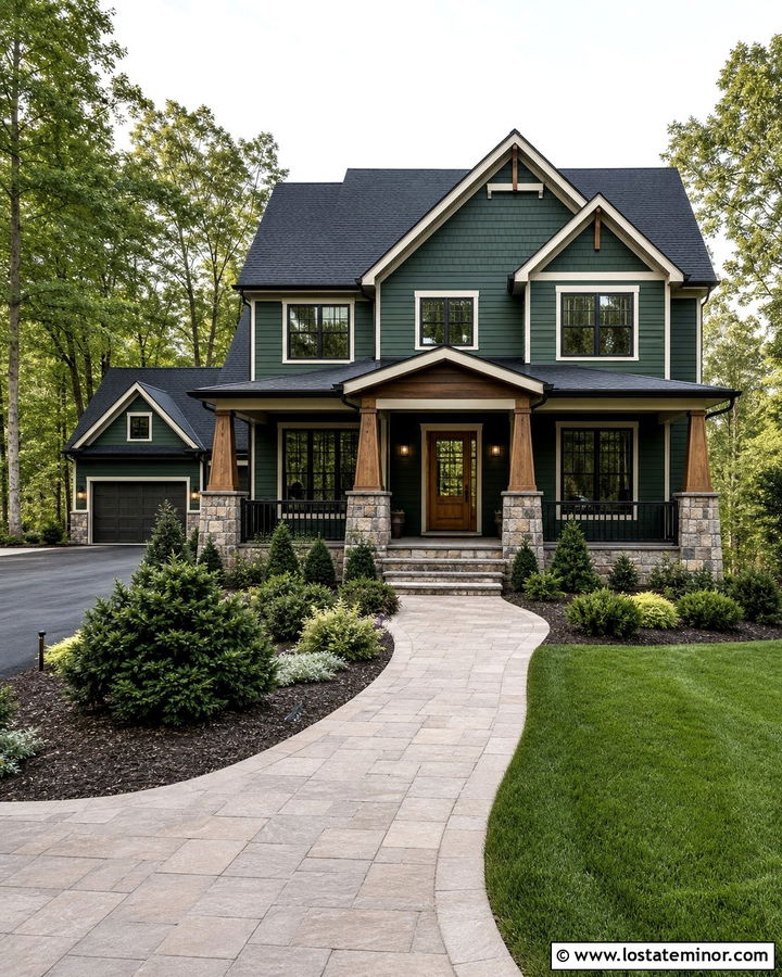 Forest Green House With Stone Porch Columns - 30 Forest Green House Design With Stone Accents Ideas