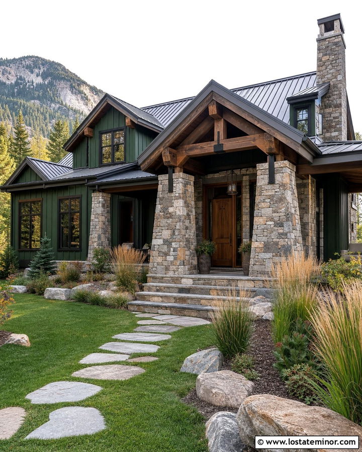 Forest Green House With Stone Porch Columns - 30 Forest Green House Design With Porch Columns Ideas