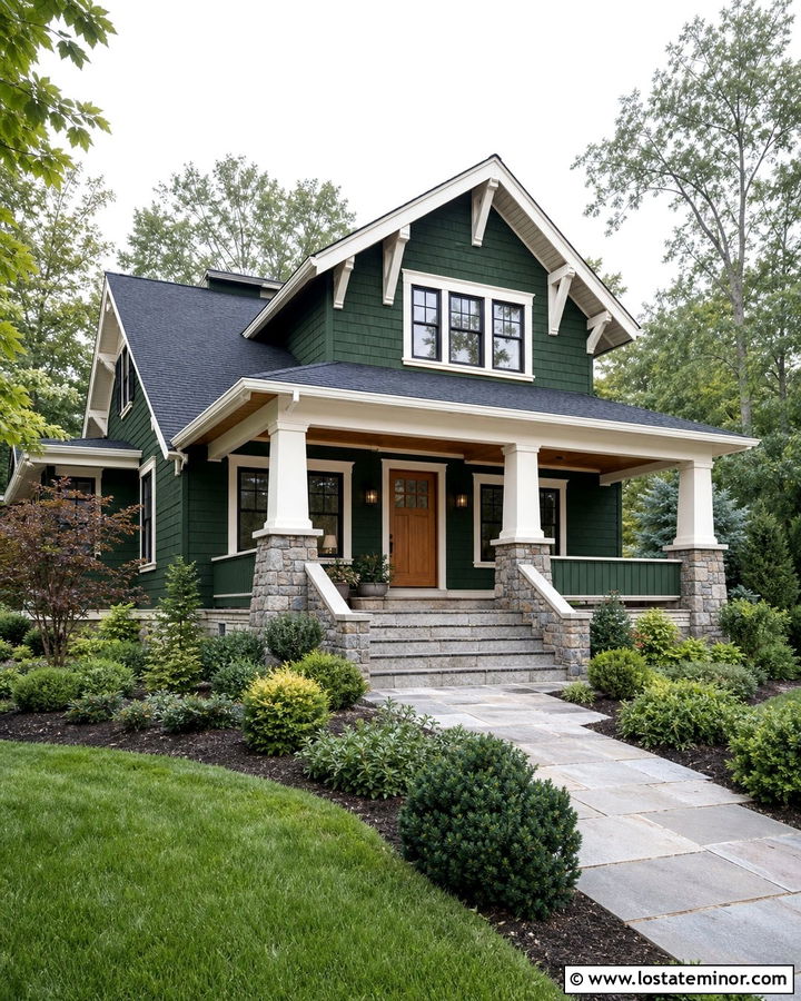 Forest Green House With Stone Porch Wainscoting - 30 Forest Green House Design With Wainscoting Ideas